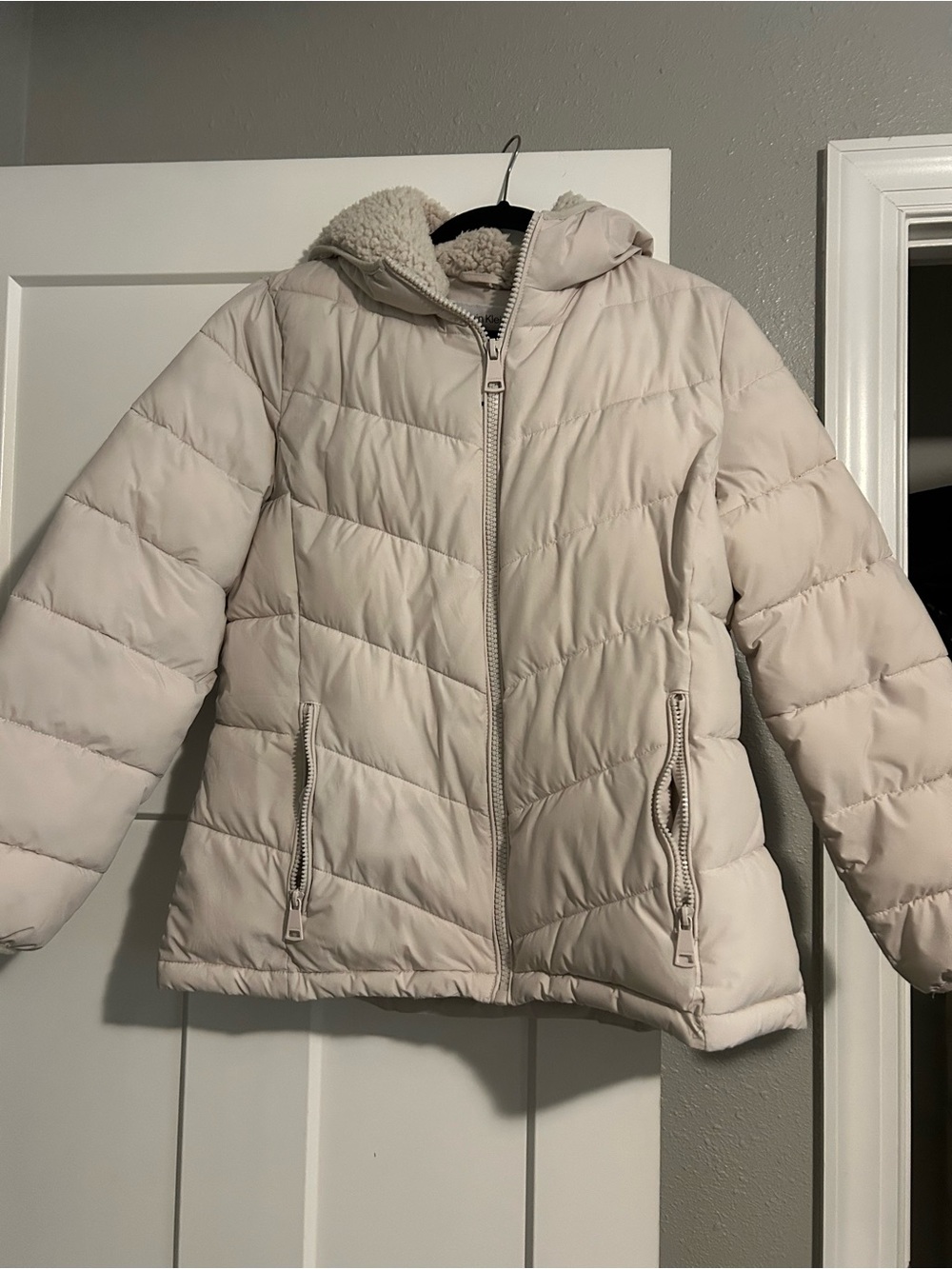Womens Calvin Klein Cozy Hooded Puffer Jacket - Light Beige